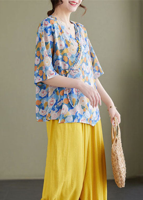 Blue V Neck Print Patchwork Cotton Shirt Tops Summer