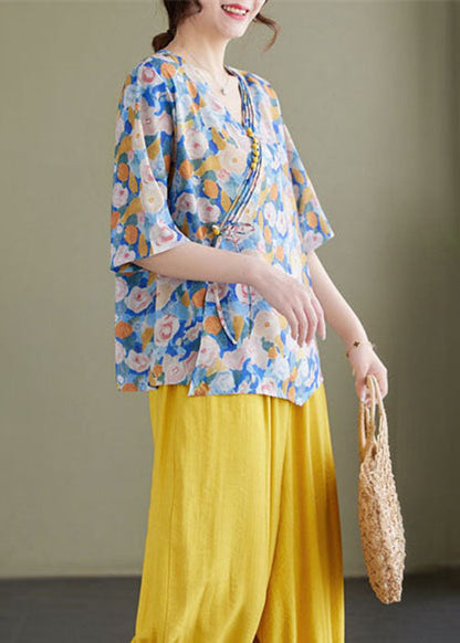 Blue V Neck Print Patchwork Cotton Shirt Tops Summer