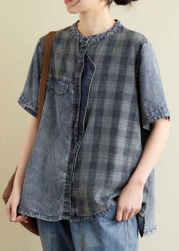 Blue Grey Denim Plaid Patchwork Summer Tops Short Sleeve