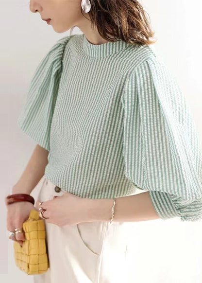 Green Puff Sleeve Striped Cotton Blouses