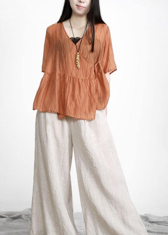 Orange V Neck Patchwork Linen Top