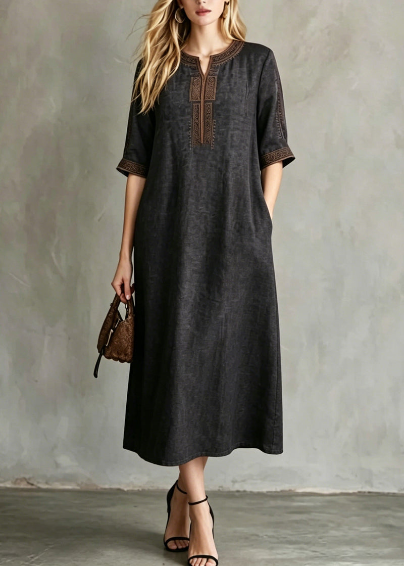 Black Embroidered Button Silk Maxi Dresses Summer