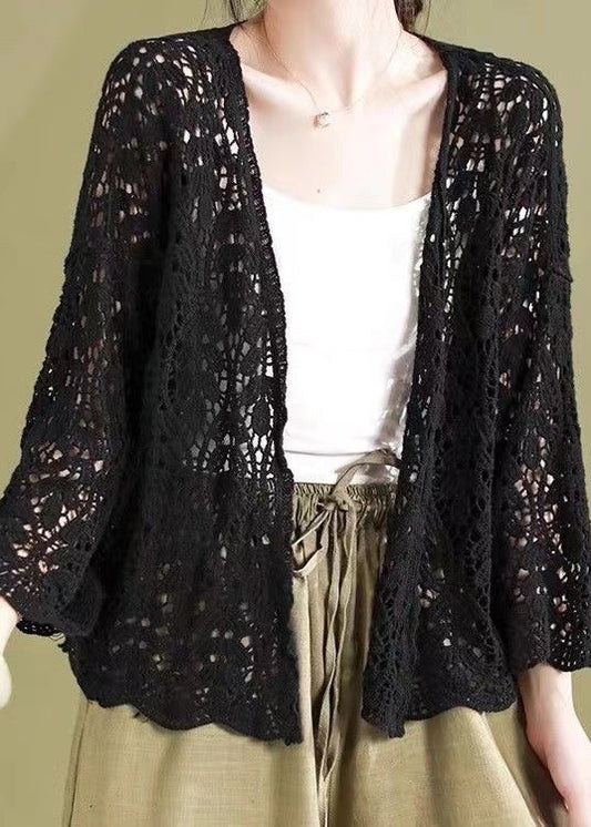 Black Hollow Out Knit Loose Cardigans Summer