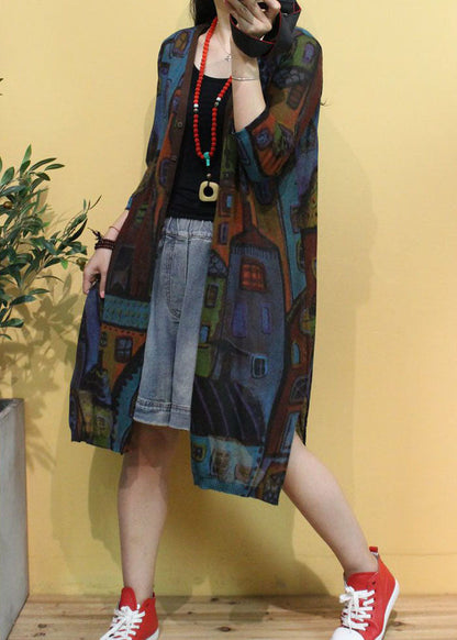 Brown V Neck Print Button Fall Knit Cardigans Long Sleeve