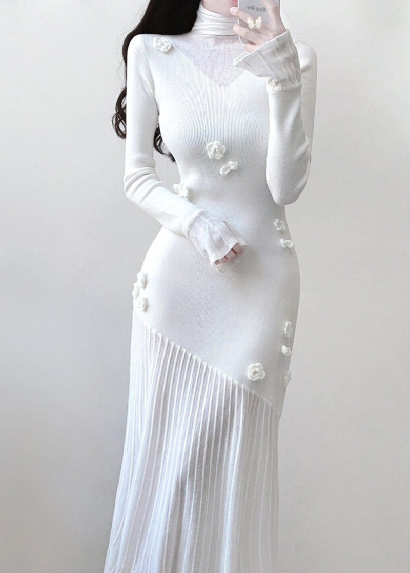 White Turtleneck Knit Patchwork Long Dresses Spring