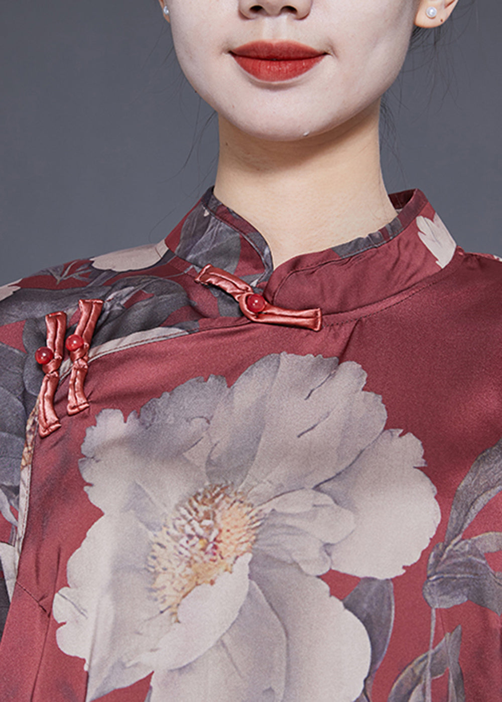 Brick Red Stand Collar Print Chinese Button Silk Shirt Flare Sleeve