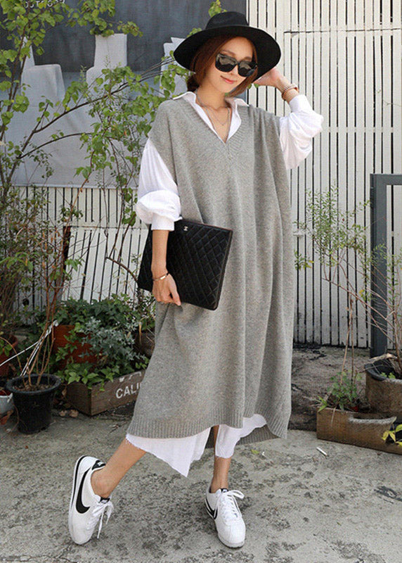 Grey V Neck Knit Long Dress Short Sleeve