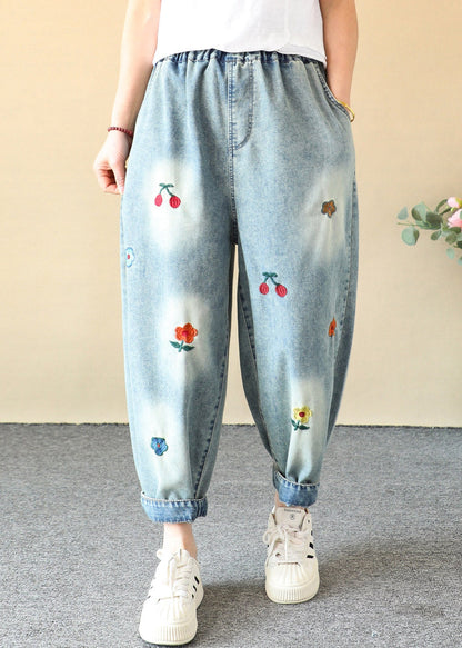 Blue Cherry Embroidered Elastic Waist Crop Harem Jeans Summer