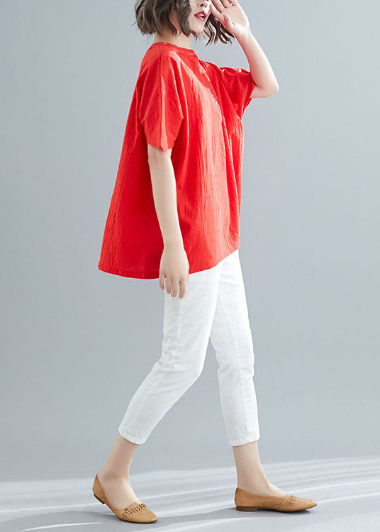 Red V Neck Wrinkled Cotton Tops Summer