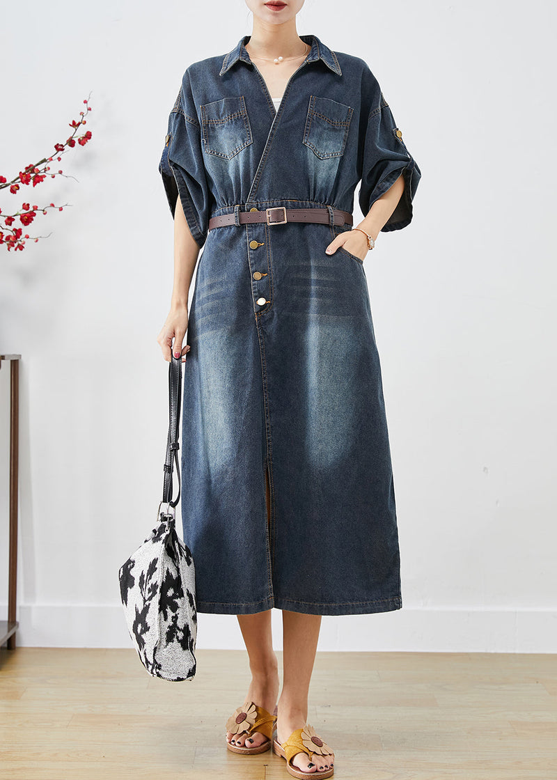 Navy V Neck Denim Holiday Dress Spring