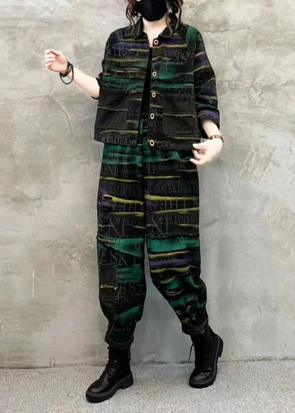 Green Print Tops and Pants Denim Two Piece Set Fall