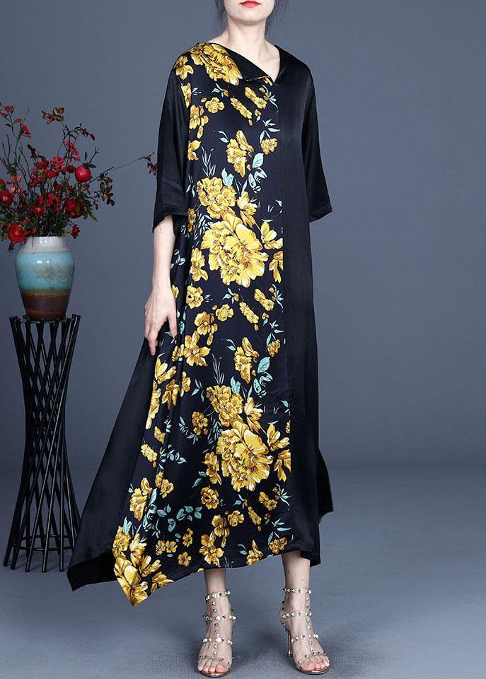Fine Blue V Neck Asymmetrical Design Summer Silk Ankle Dress