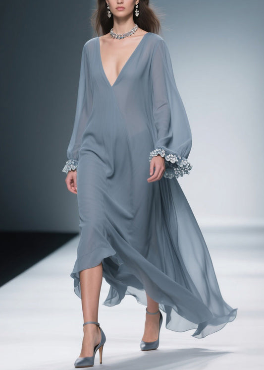 Haze Blue Chiffon Maxi Dresses