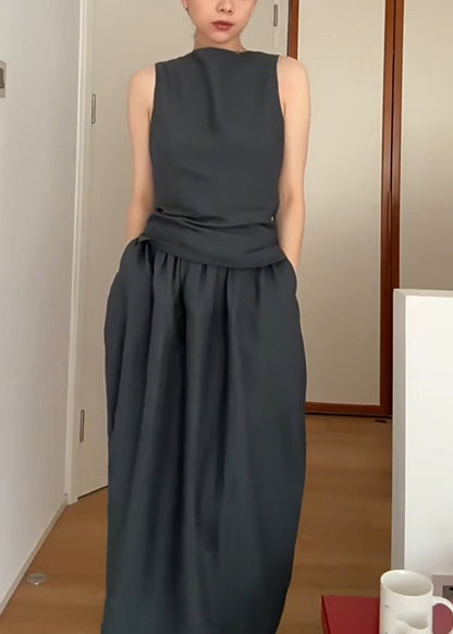 Grey O-neck Top and Maxi Skirts Two Pieces Set Summer
