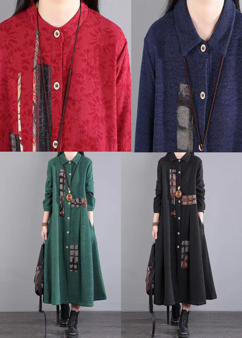Navy Peter Pan Collar Patchwork Warm Fleece Long Dress Winter