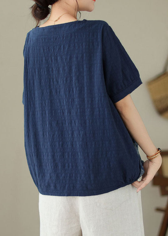 Navy Embroideried Print Patchwork Cotton T Shirt Tops Summer