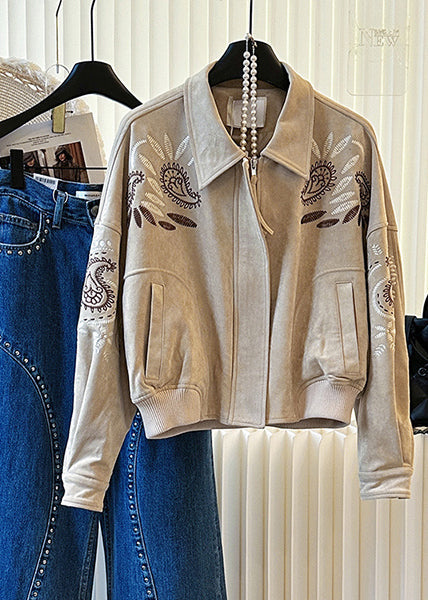 Khaki Embroidered Pockets Cotton Jackets Spring