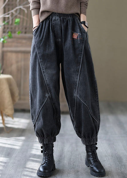 Black Elastic Waist Pockets Denim Pants Spring