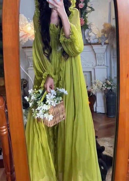 Green V Neck Ruffled Hooded Chiffon Maxi Dress Spring