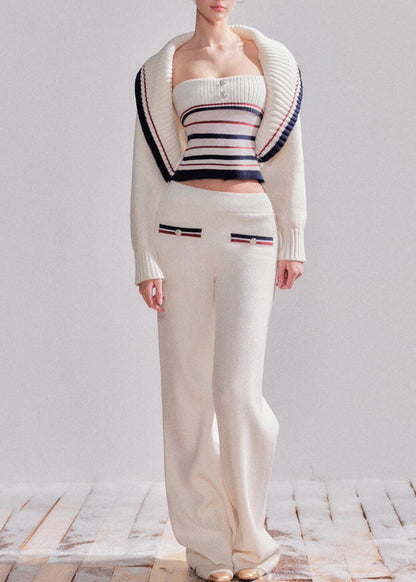 Novelty White Striped Patchwork Cotton Knit Cardigans, Top and Straight Pantstwo Pieces Sets Fall