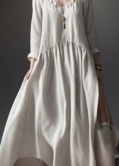 Beige V Neck Wrinkled Patchwork Silk Maxi Dress Summer
