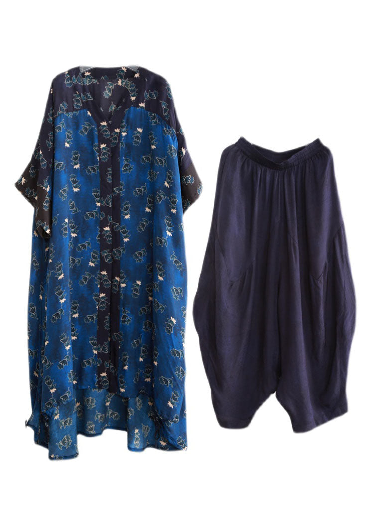 Blue Low High Design Pockets Patchwork Long Shirt and Pants Two Pieces Set Spring