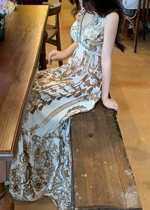V Neck Print High Waist Spaghetti Strap Dress Sleeveless