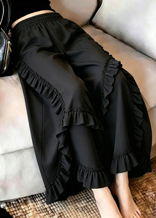 Fitted Black Ruffled Elastic Waist Crop Wide Leg Pants