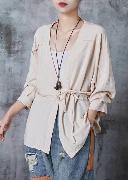 Beige Asymmetrical Tie Waist Cotton Blouse Tops Spring