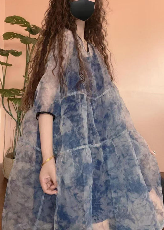 Blue Print Patchwork Tulle Two Pieces Set Half Sleeve