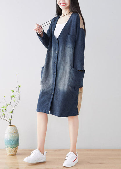 Diy Blue V Neck Patchwork Trench Coats Spring