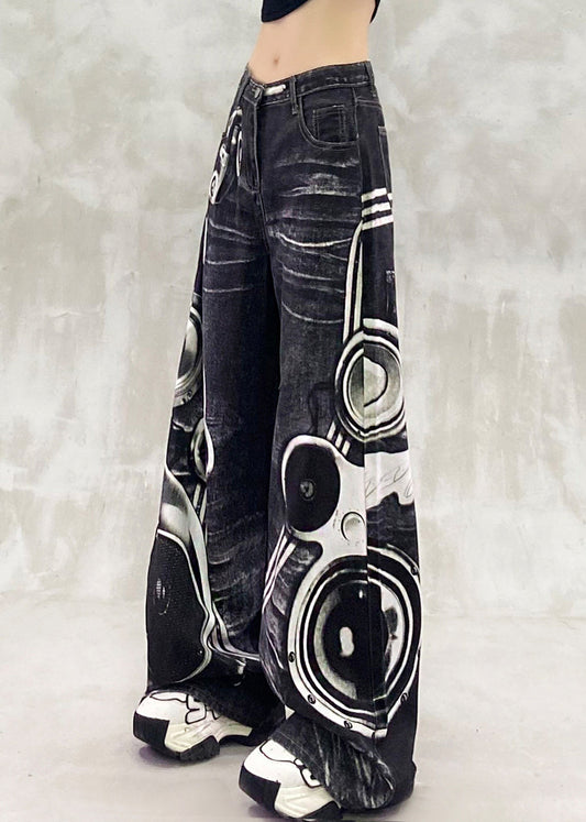 Modern Black Print High Waist Denim Wide Leg Pants Fall