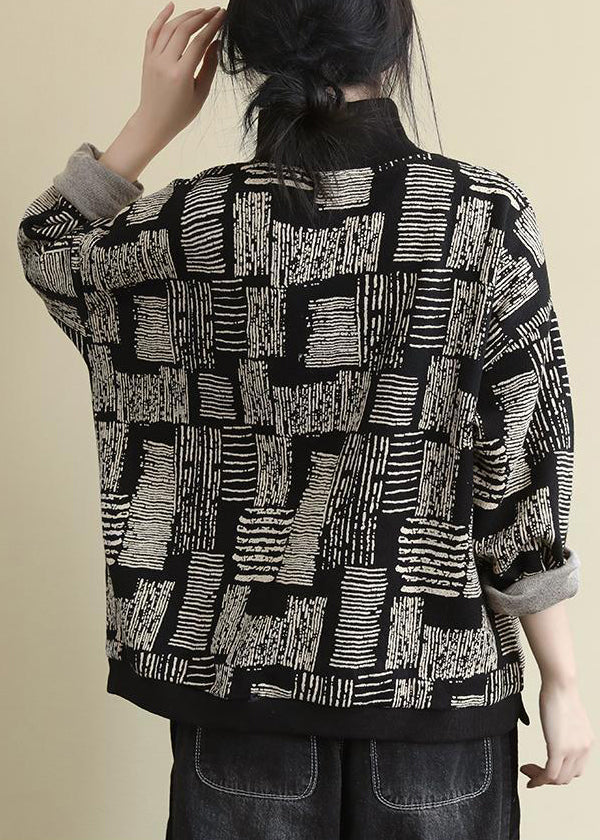 Black Turtleneck Print Patchwork Warm Fleece Tops Long Sleeve