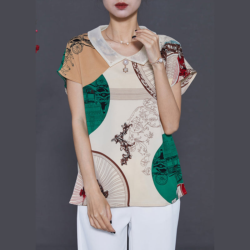 Apricot Peter Pan Collar Print Chiffon Blouse Top Summer