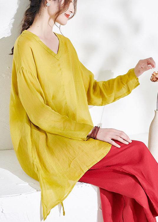 Yellow V Neck Asymmetrical Design Summer Ramie Shirt Long Sleeve