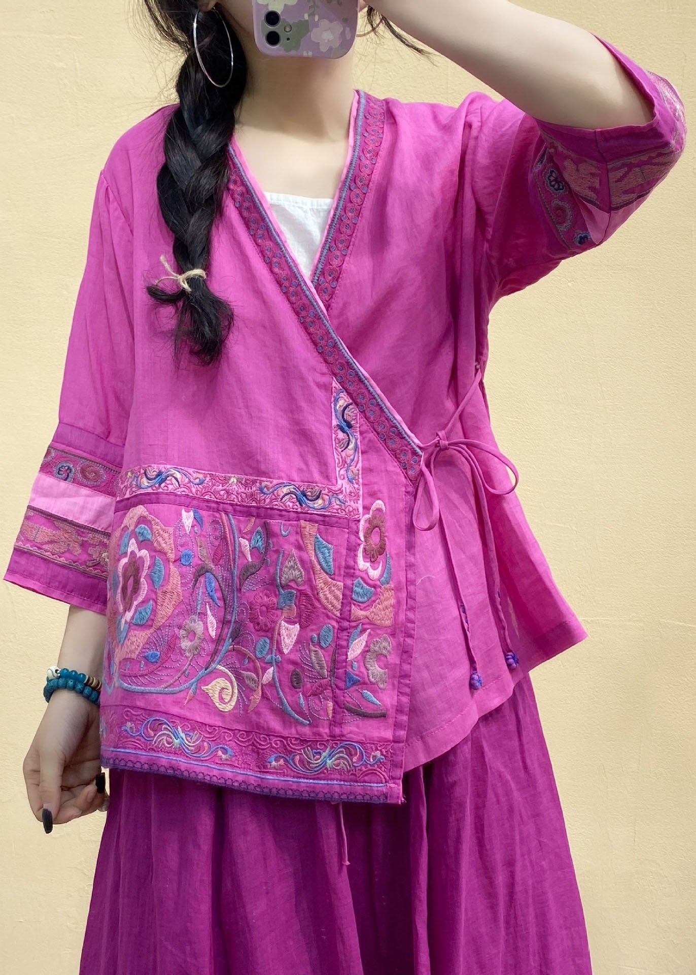Italian Rose Embroideried Tie Waist Linen Shirts Spring