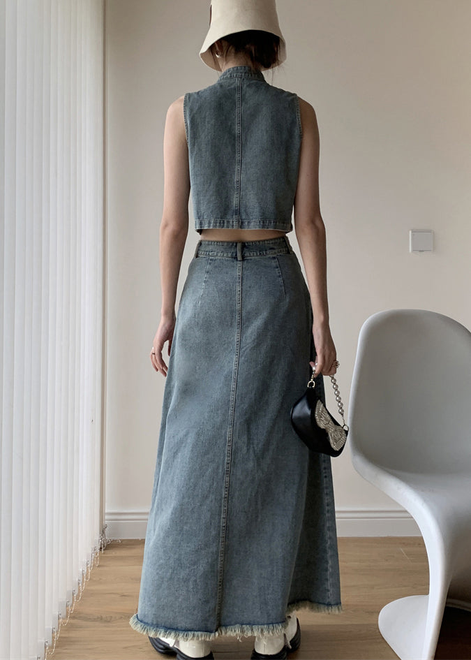 Boutique Blue Stand Collar Tops and Skirts Denim Two Pieces Set Sleeveless