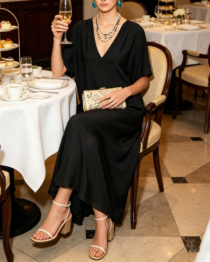 Italian Black V Neck Draping Chiffon Long Dress Summer