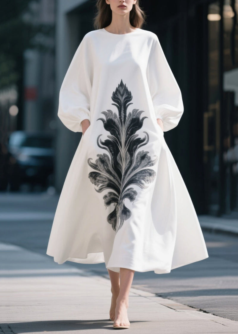 White Oversized Print Chiffon Dress Lantern Sleeve