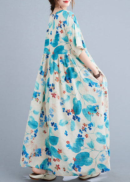Blue O Neck Print Pockets Cotton Dress Summer
