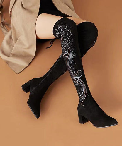 Retro Black Chinese Style Embroideried Chunky Knee Boots