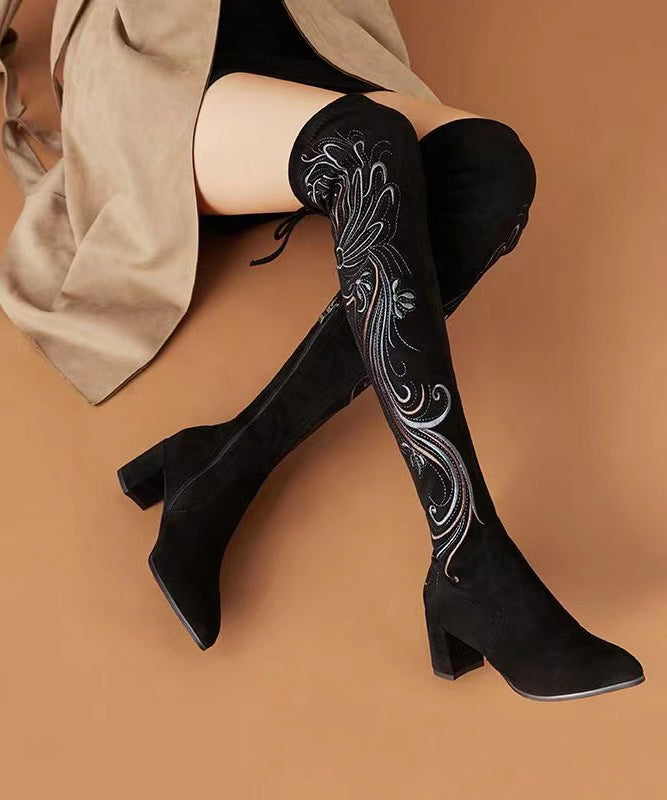 Retro Black Chinese Style Embroideried Chunky Knee Boots