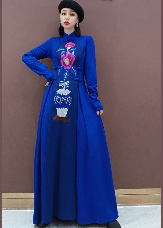 Blue Stand Collar Embroideried Long Dresses Spring