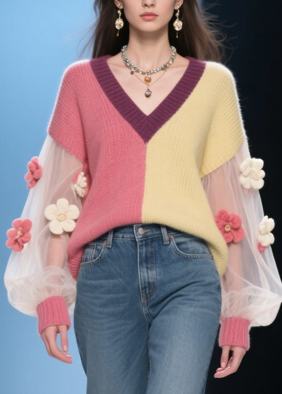 French Colorblock V Neck Tulle Patchwork Knit Sweaters Fall