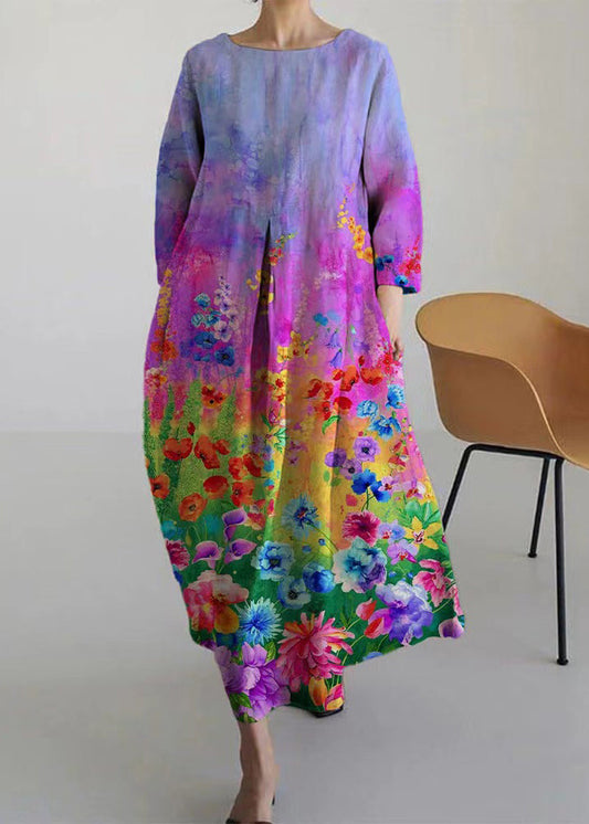 Italian Purple O-neck Print Pockets Party Maxi Dress Bracelet Sleeve