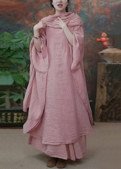 Original Pink Bow Dress and Wide Leg Pants Linen Two Pieces Set Batwing Sleeve