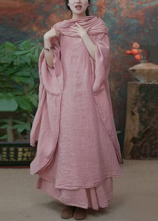 Original Pink Bow Dress and Wide Leg Pants Linen Two Pieces Set Batwing Sleeve