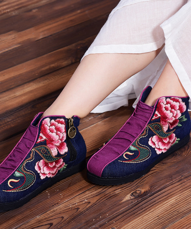 Embroideried Zippered Splicing Boots Red Linen Fabric Ankle Boots