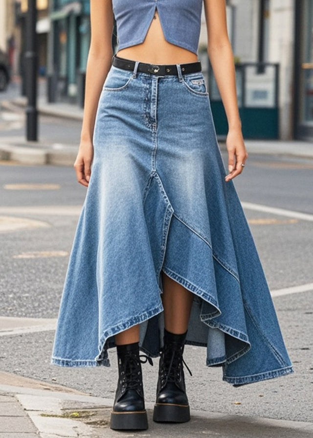 Diy Blue Asymmetrical Design Open Side Denim Vacation Skirts Spring