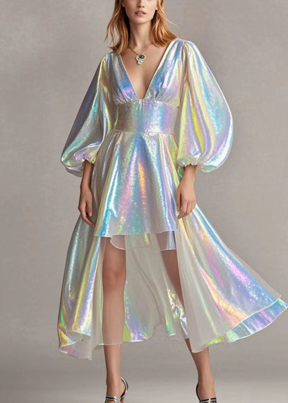 Modern Pearl White Deep-v Neck Low High Design Sequins Dresses Lantern Sleeve